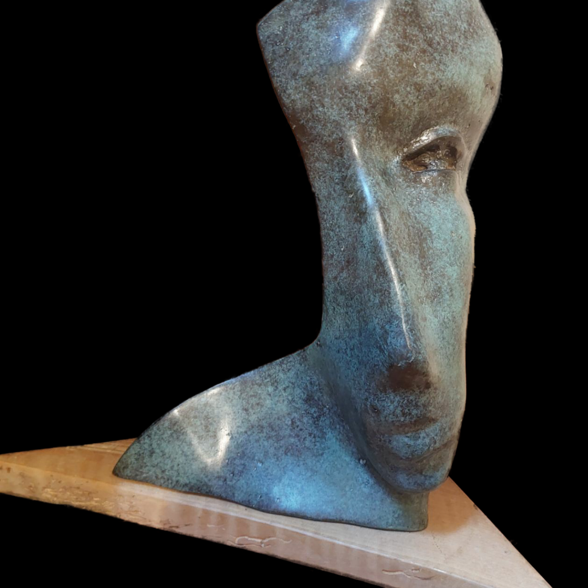 Sculpture en bronze, de M BOBOT Pierre : buste bleu vert