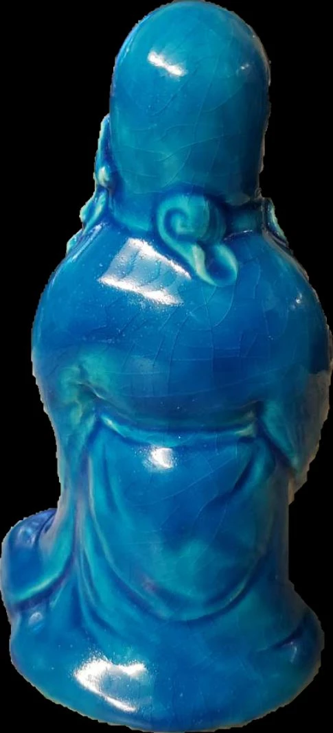 Ancien bouddha chinois en porcelaine émaillée bleue