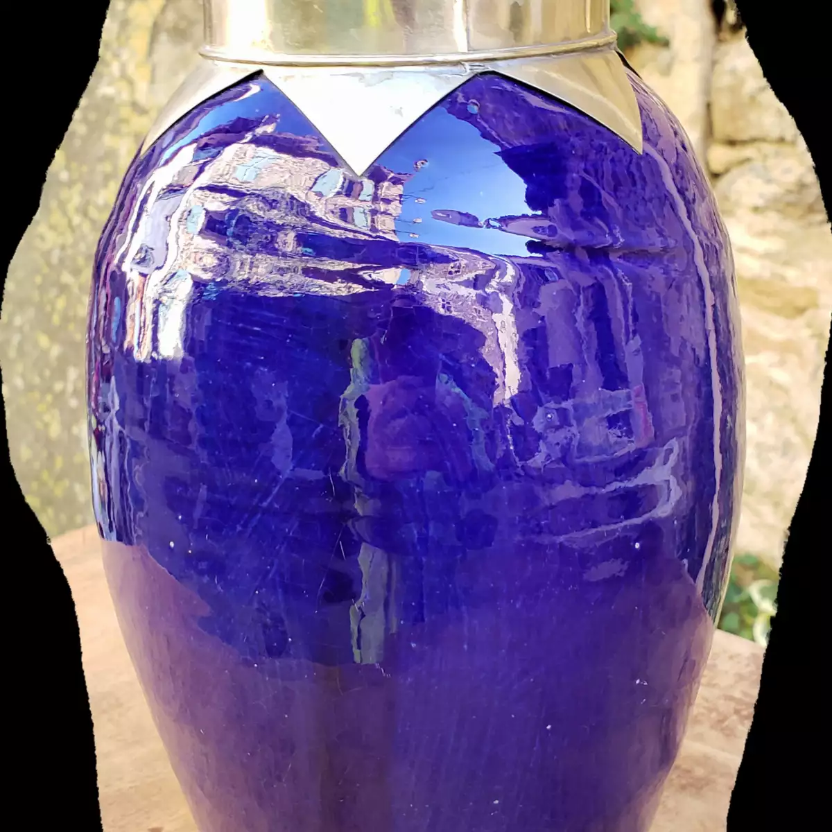 Vase bleu terre cuite et étain