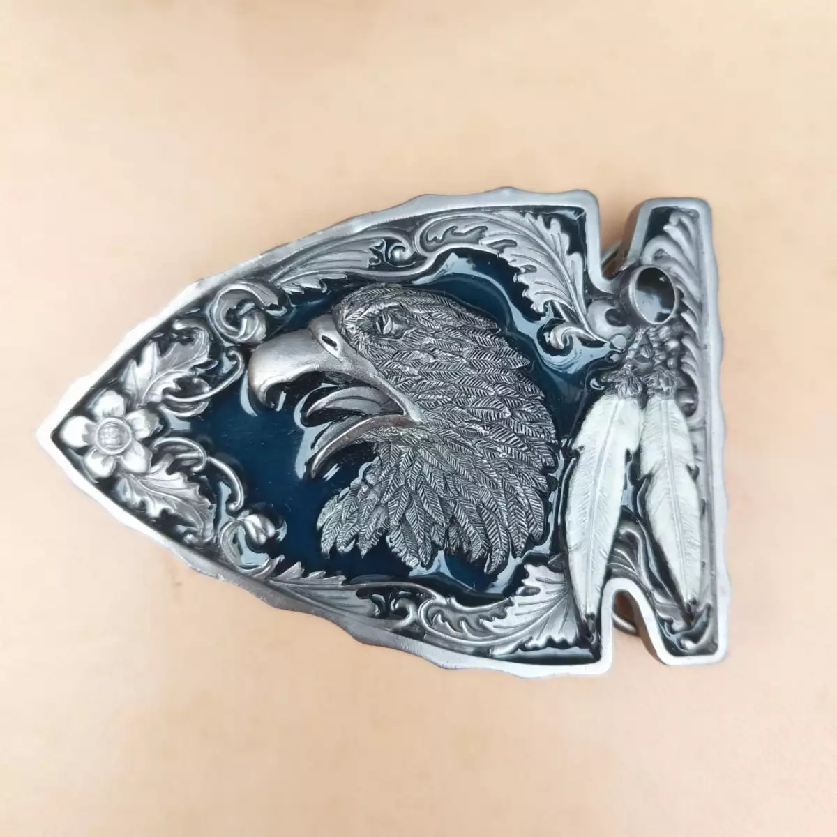 Boucle de ceinture SISKIYOU tête d'aigle en métal émaillé bleu