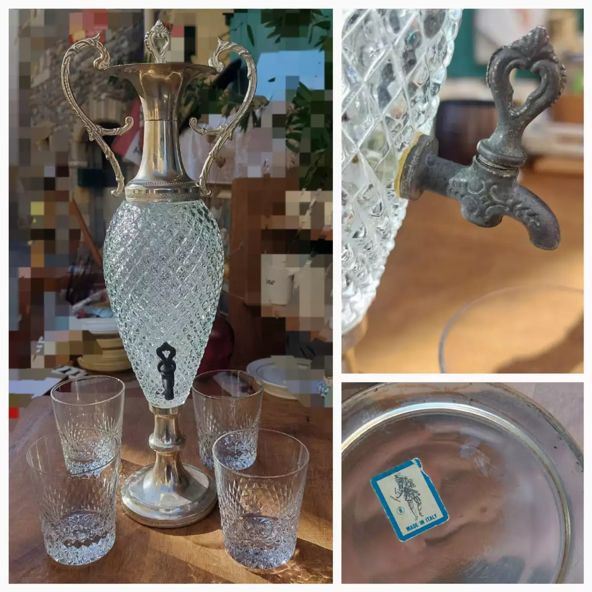 Fontaine à whisky et ses 4 verres, en verre taillé