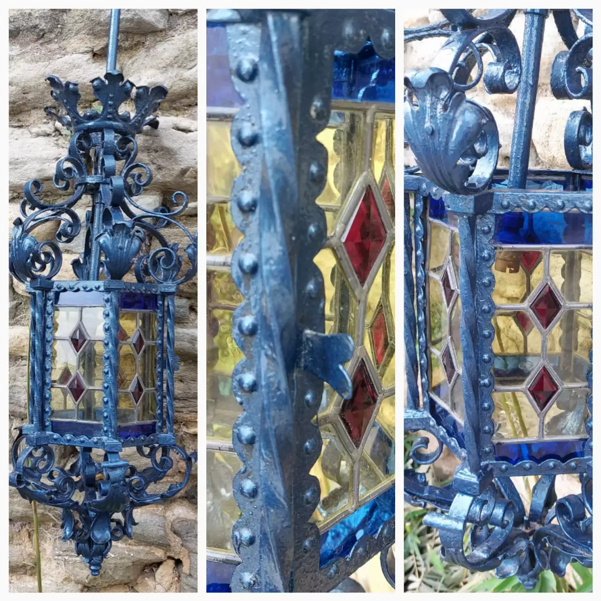 Grande lanterne en fer forgé et vitraux authentiques