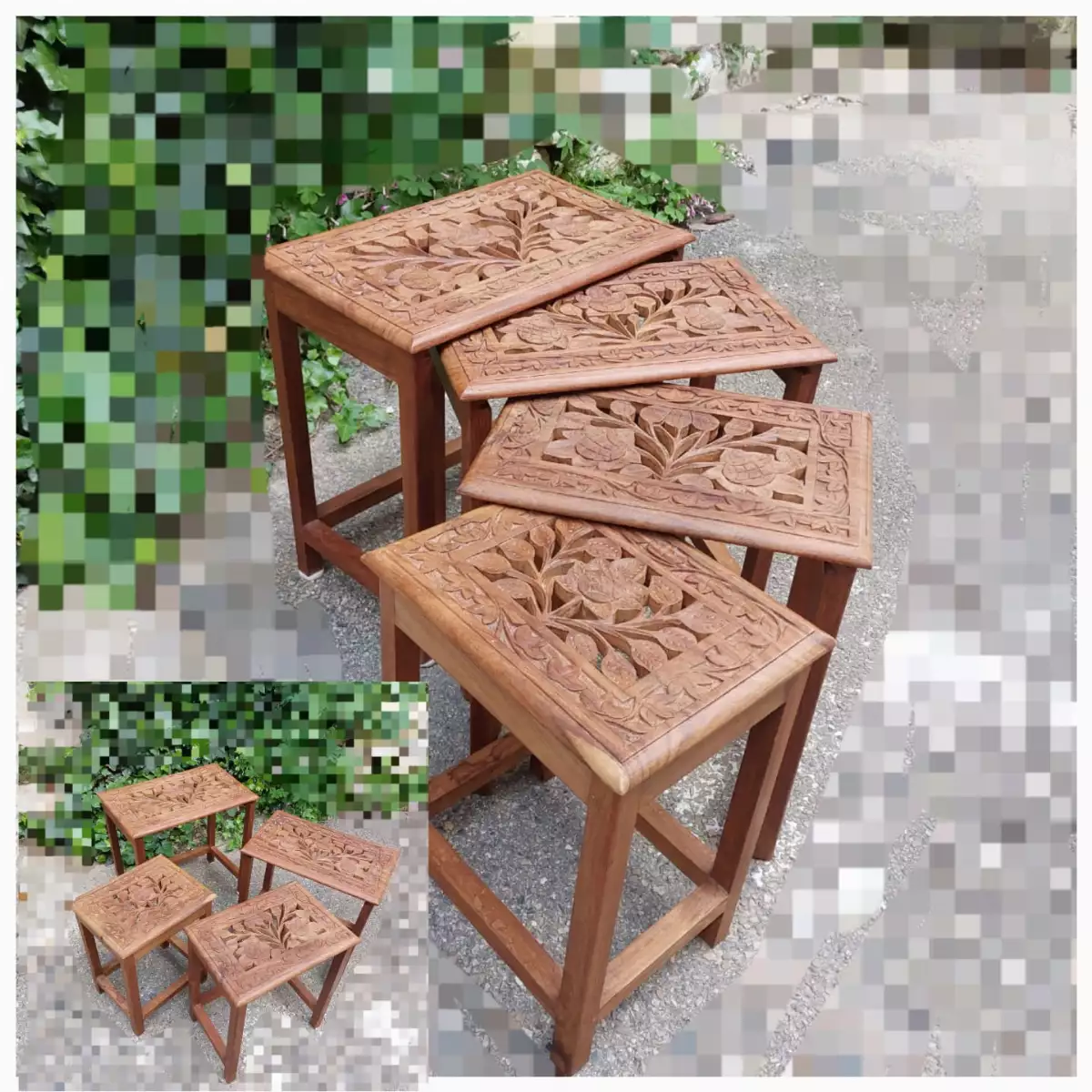 Tables gigognes en bois d'acajou sculpté