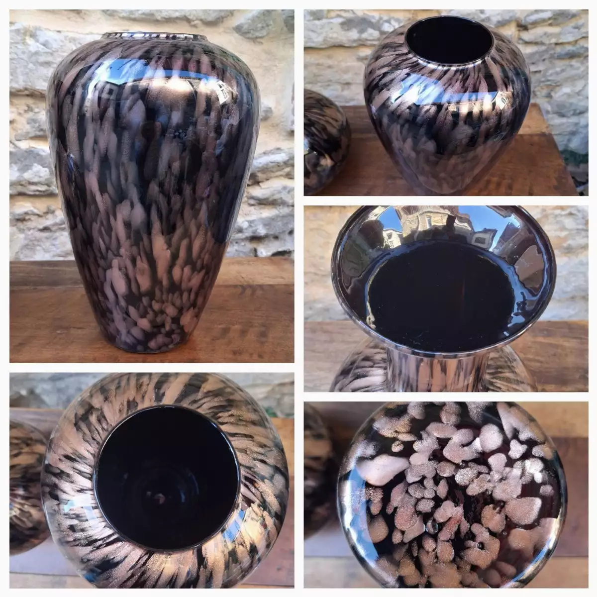 Duo vases Murano en verre noir à incrustation de cuivre