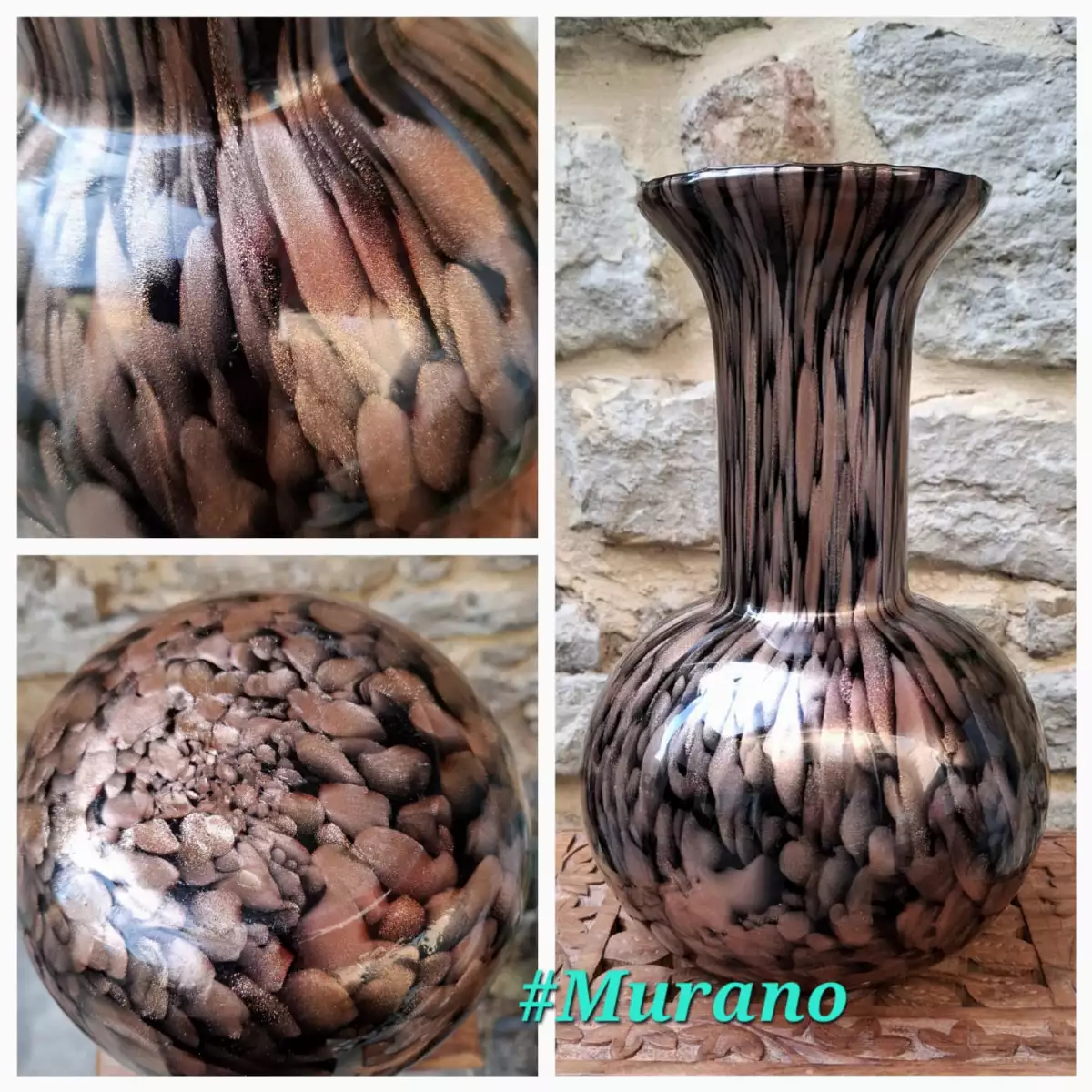 Duo vases Murano en verre noir à incrustation de cuivre