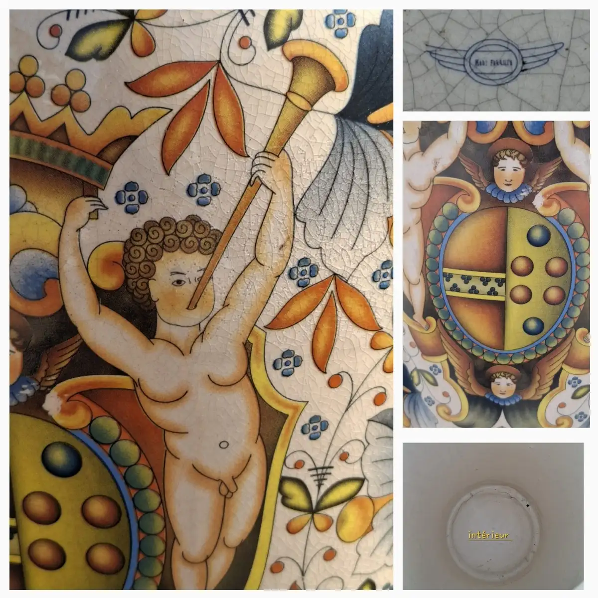 Grand vase italien, faïence craquelée avec angelots