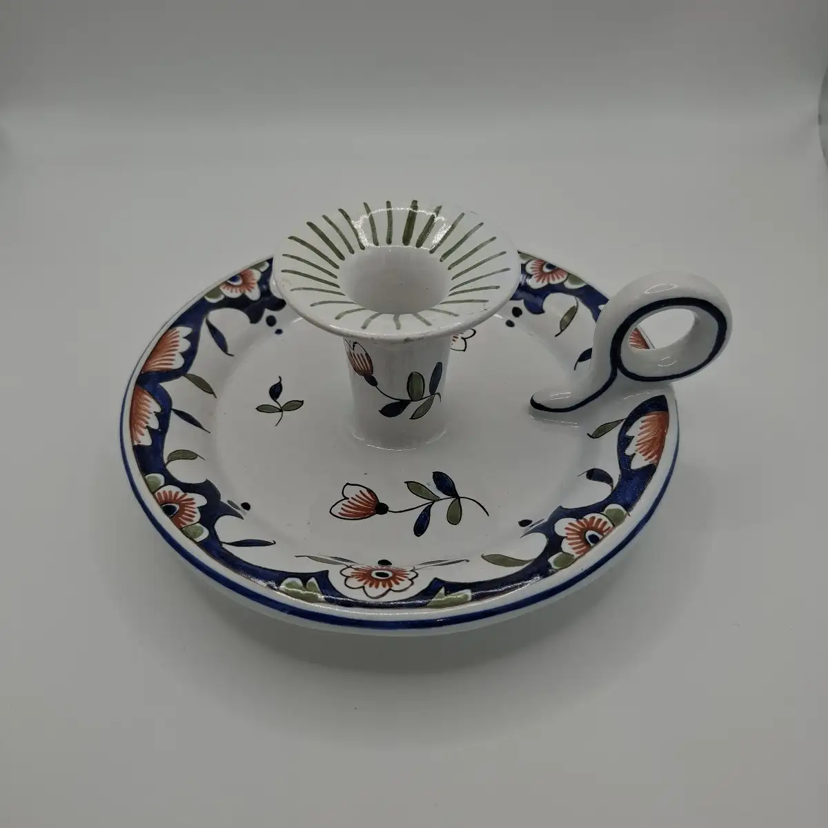 Bougeoir en faïence peinte à la main, décor Rouen