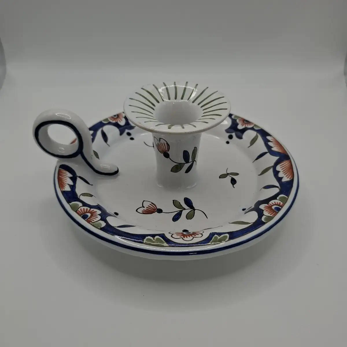 Bougeoir en faïence peinte à la main, décor Rouen