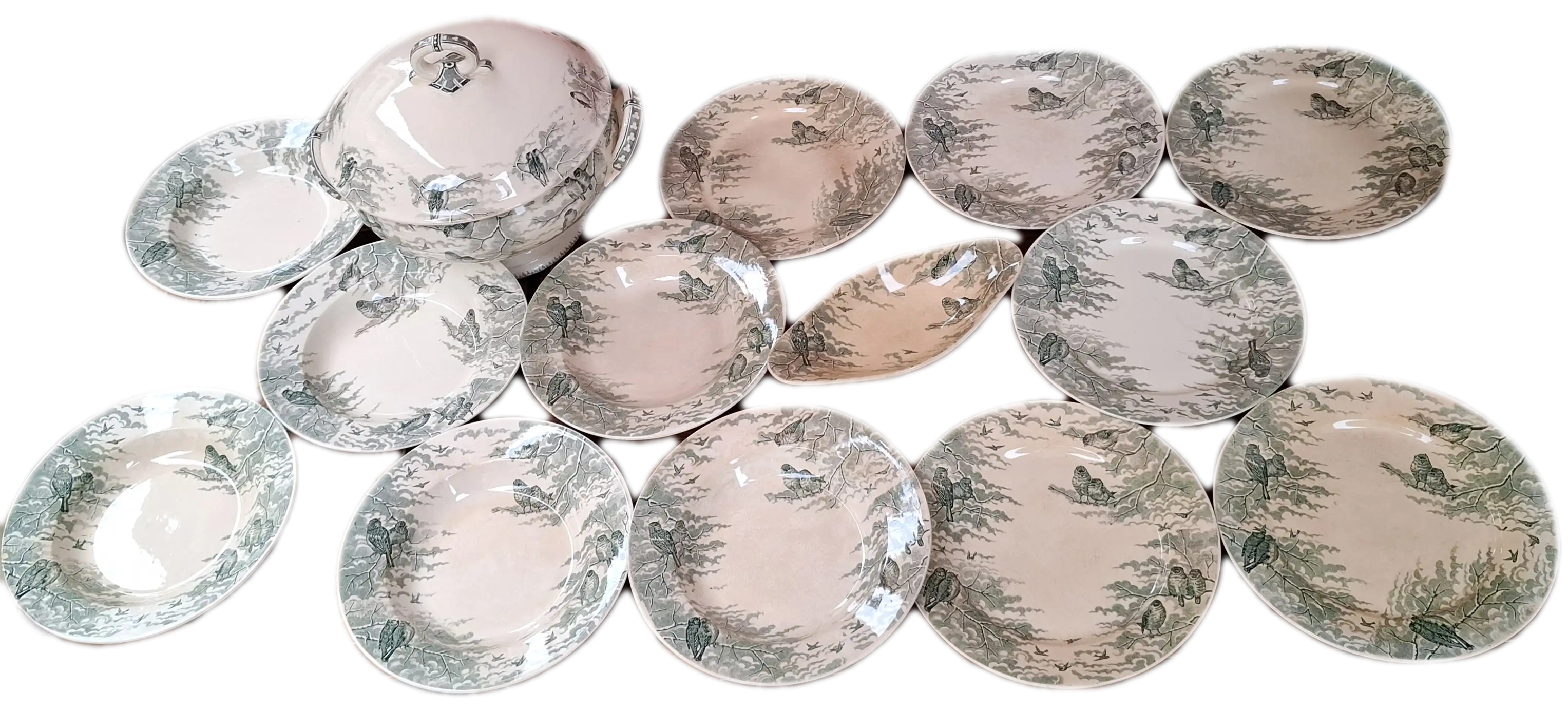 Service "Neige" U&C Sarreguemines, 6 plates, 6 creuses, soupière et ravier